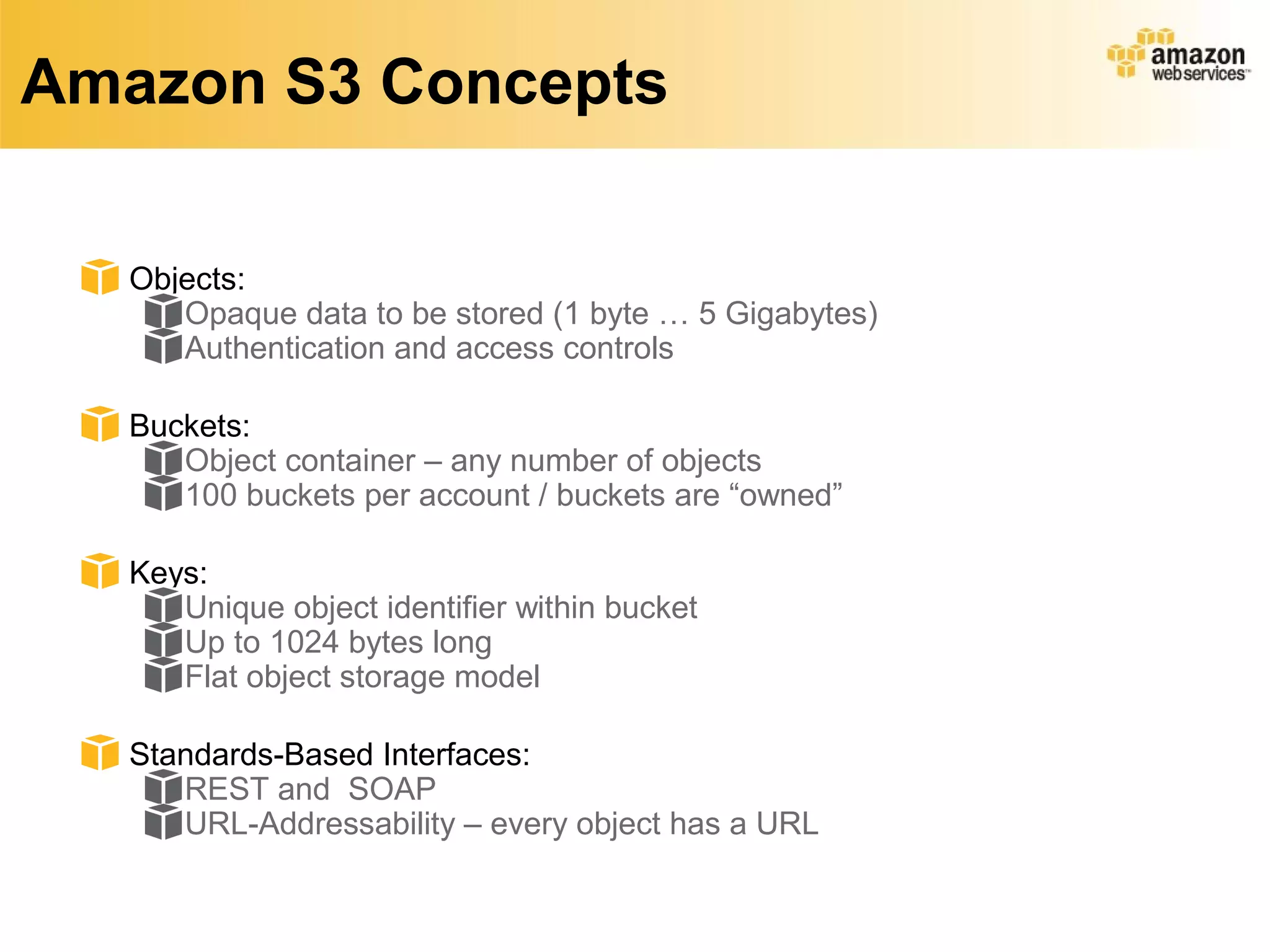 Amazon S3 Concepts
Objects:
Opaque data to be stored (1 byte … 5 Gigabytes)
Authentication and access controls
Buckets:
Object container – any number of objects
100 buckets per account / buckets are “owned”
Keys:
Unique object identifier within bucket
Up to 1024 bytes long
Flat object storage model
Standards-Based Interfaces:
REST and SOAP
URL-Addressability – every object has a URL
 