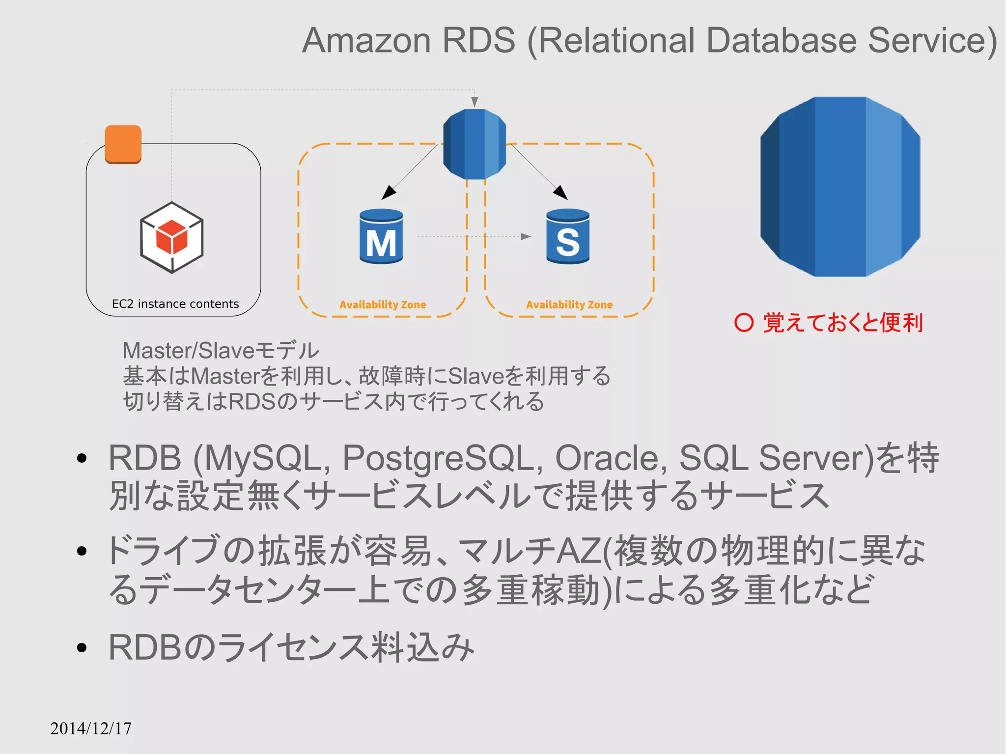 EC2 instance contents 
2014/12/17 
Amazon RDS (Relational Database Service) 
● RDB (MySQL, PostgreSQL, Oracle, SQL Server)を特 
別な設定無くサービスレベルで提供するサービス 
● ドライブの拡張が容易、マルチAZ(複数の物理的に異な 
るデータセンター上での多重稼動)による多重化など 
● RDBのライセンス料込み 
○ 覚えておくと便利 
Availability Zone Availability Zone 
Master/Slaveモデル 
基本はMasterを利用し、故障時にSlaveを利用する 
切り替えはRDSのサービス内で行ってくれる 
 