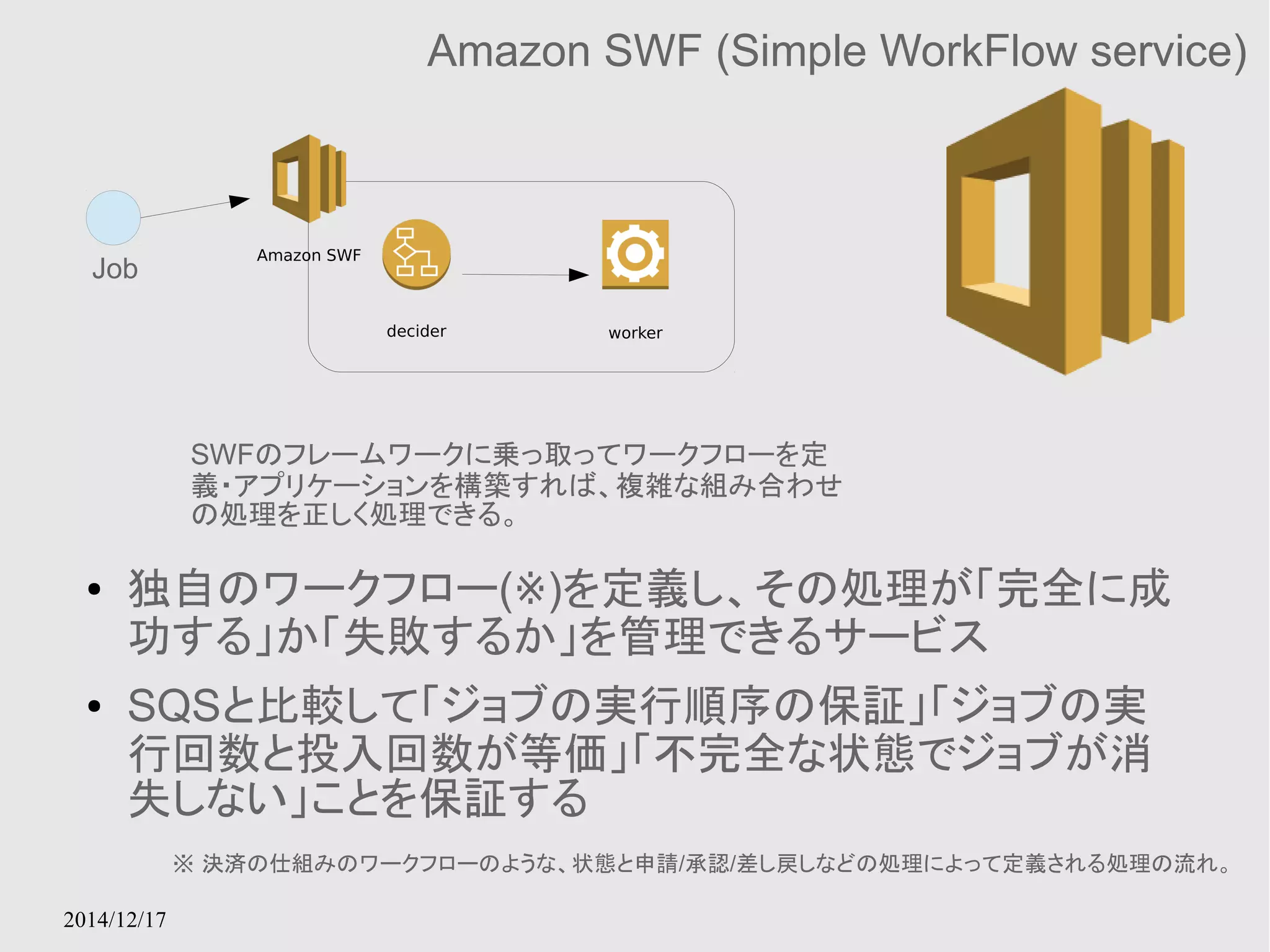 Amazon SWF Job 
2014/12/17 
Amazon SWF (Simple WorkFlow service) 
decider worker 
SWFのフレームワークに乗っ取ってワークフローを定 
義・アプリケーションを構築すれば、複雑な組み合わせ 
の処理を正しく処理できる。 
● 独自のワークフロー(※)を定義し、その処理が「完全に成 
功する」か「失敗するか」を管理できるサービス 
● SQSと比較して「ジョブの実行順序の保証」「ジョブの実 
行回数と投入回数が等価」「不完全な状態でジョブが消 
失しない」ことを保証する 
※ 決済の仕組みのワークフローのような、状態と申請/承認/差し戻しなどの処理によって定義される処理の流れ。 
 