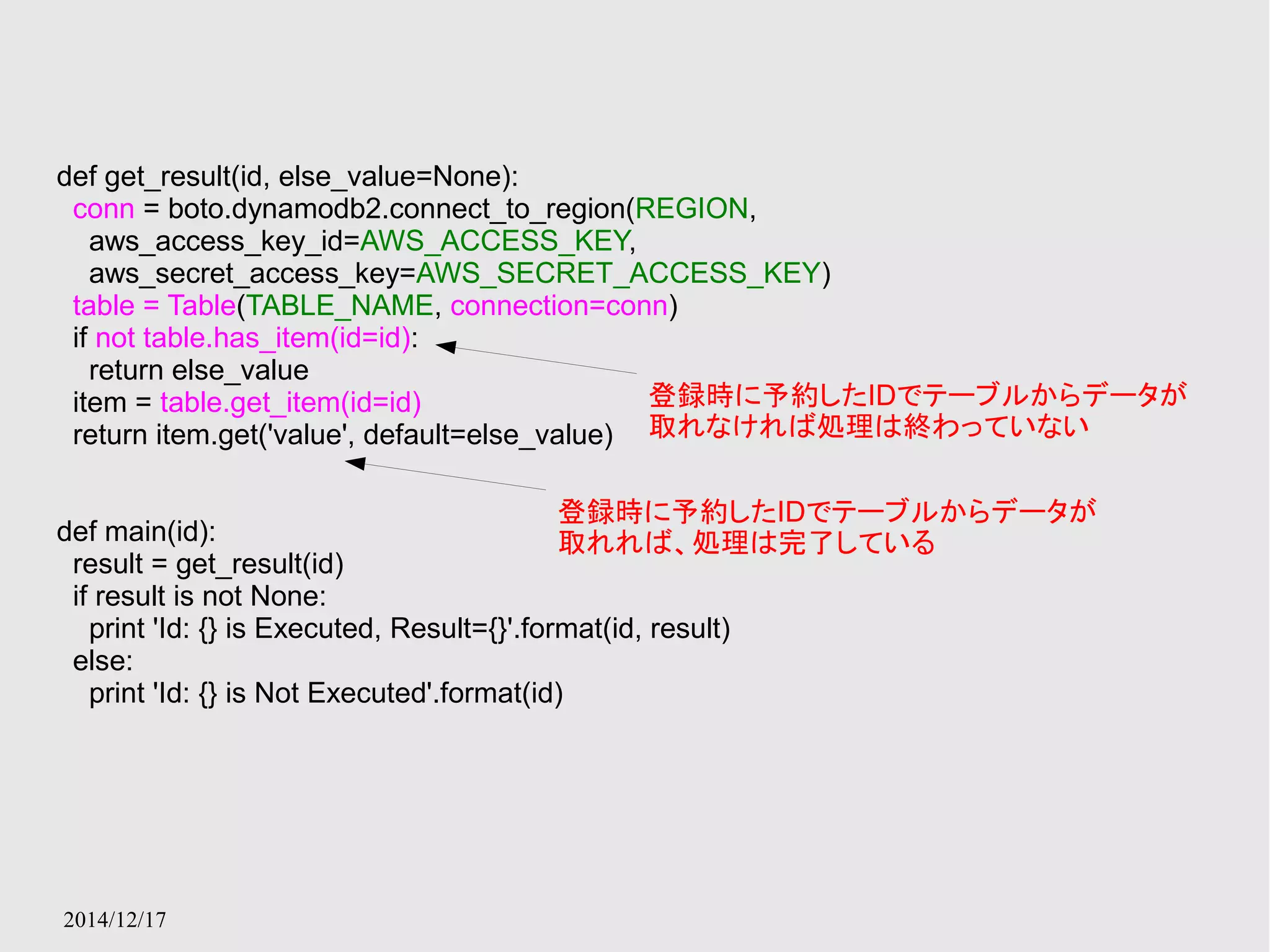 def get_result(id, else_value=None): 
conn = boto.dynamodb2.connect_to_region(REGION, 
aws_access_key_id=AWS_ACCESS_KEY, 
aws_secret_access_key=AWS_SECRET_ACCESS_KEY) 
table = Table(TABLE_NAME, connection=conn) 
if not table.has_item(id=id): 
return else_value 
item = table.get_item(id=id) 
return item.get('value', default=else_value) 
2014/12/17 
登録時に予約したIDでテーブルからデータが 
取れなければ処理は終わっていない 
登録時に予約したIDでテーブルからデータが 
取れれば、処理は完了している 
def main(id): 
result = get_result(id) 
if result is not None: 
print 'Id: {} is Executed, Result={}'.format(id, result) 
else: 
print 'Id: {} is Not Executed'.format(id) 
 
