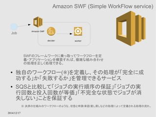 Amazon SWF Job 
2014/12/17 
Amazon SWF (Simple WorkFlow service) 
decider worker 
SWFのフレームワークに乗っ取ってワークフローを定 
義・アプリケーションを構築すれば、複雑な組み合わせ 
の処理を正しく処理できる。 
● 独自のワークフロー(※)を定義し、その処理が「完全に成 
功する」か「失敗するか」を管理できるサービス 
● SQSと比較して「ジョブの実行順序の保証」「ジョブの実 
行回数と投入回数が等価」「不完全な状態でジョブが消 
失しない」ことを保証する 
※ 決済の仕組みのワークフローのような、状態と申請/承認/差し戻しなどの処理によって定義される処理の流れ。 
 