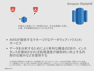 2014/12/17 
Amazon Redshift 
外部から自身にデータを取り込み、それを高速に分析し 
た後、その結果を別のところに出力する 
● AWSが提供するマネージドなデータウェアハウス(※) 
サービス 
● データを分析するためにより有利な構造のDBや、インス 
タンスを増加させれば処理速度が線形的に向上する内 
部の仕組みなどを提供する 
※ 時系列に整理された大量のデータを蓄積するシステムのこと。ただし、Redshiftの場合、管理システムを指し、 
データ蓄積のシステムに加えて時系列での分析・計算を行い、システム･ビジネス効率化のためのデータを取得する 
ところまでを含む。一般にリアルタイムに増加するデータを効率的に処理するための専用のハードウェアが提供される。 
 