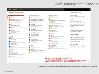 2014/12/17 
AWS Management Console 
仮想マシンを使うサービスは 
ここで提供されているEC2の範囲内だけです！ 
https://ap-northeast-1.console.aws.amazon.com/console/home?region=ap-northeast-1# 
 