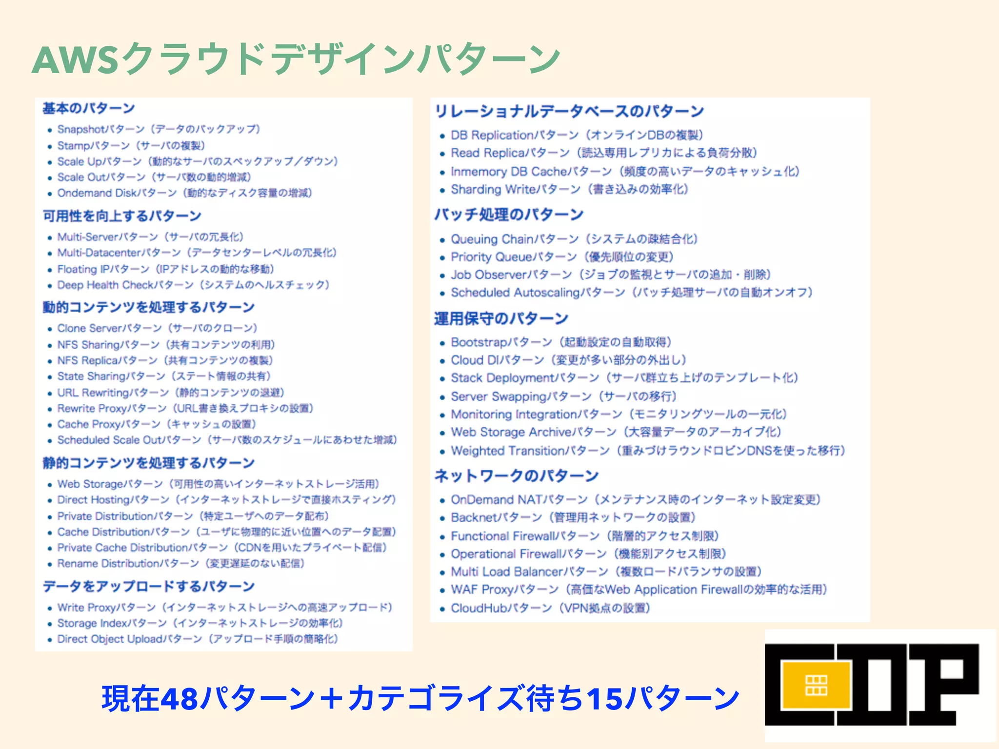 AWSクラウドデザインパターン
現在48パターン＋カテゴライズ待ち15パターン
 