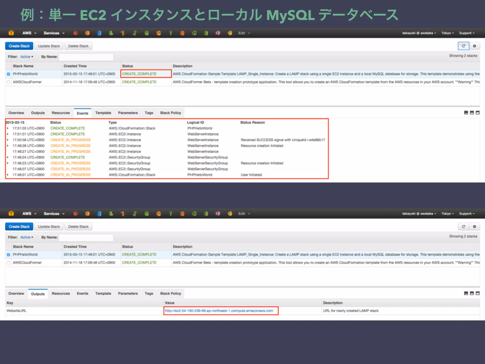 例：単一 EC2 インスタンスとローカル MySQL データベース
 