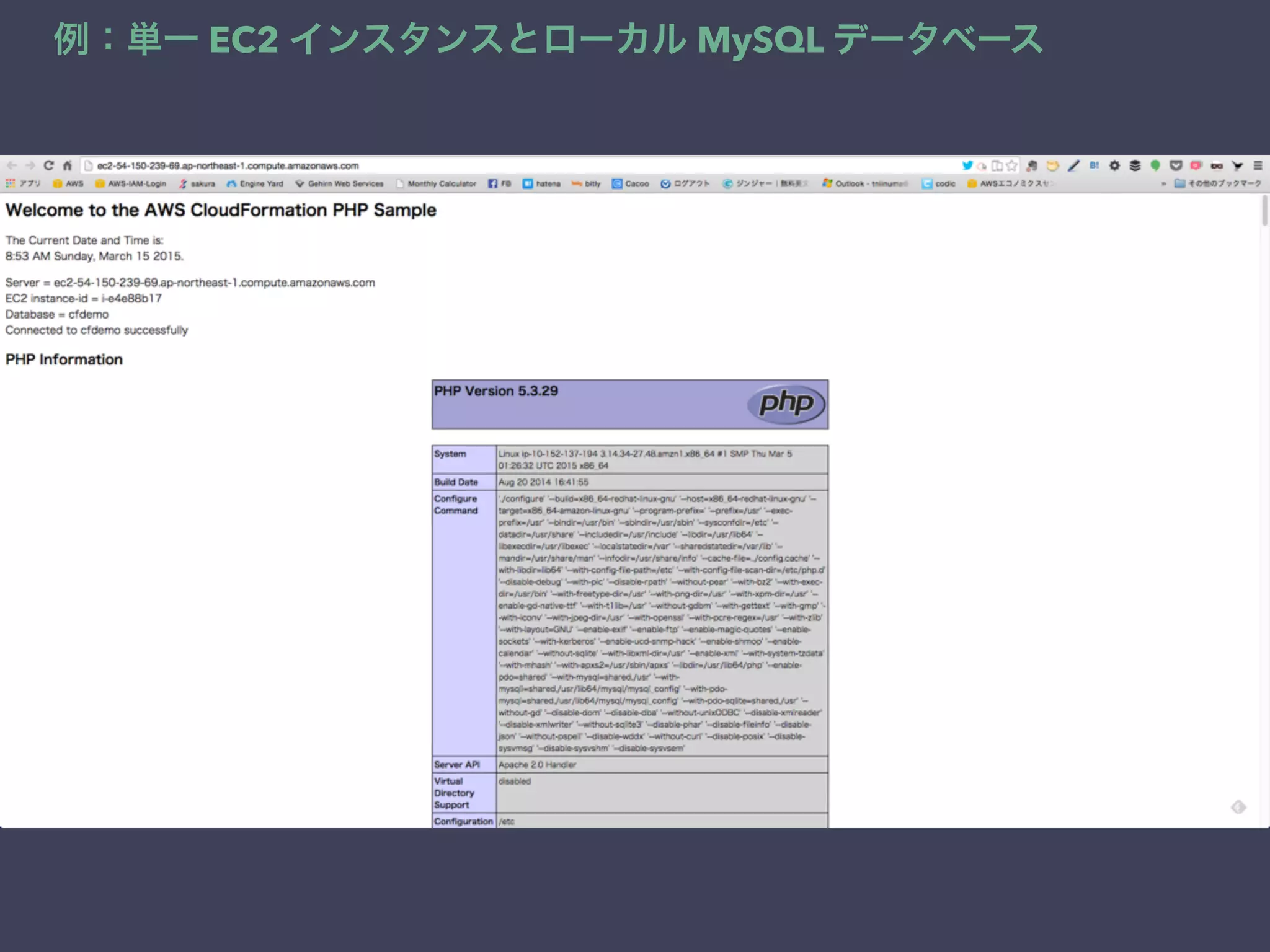 例：単一 EC2 インスタンスとローカル MySQL データベース
 
