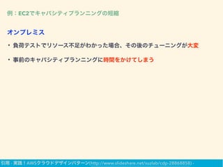 例：EC2でキャパシティプランニングの短縮
• 負荷テストでリソース不足がわかった場合、その後のチューニングが大変
• 事前のキャパシティプランニングに時間をかけてしまう
オンプレミス
引用 - 実践！AWSクラウドデザインパターン(http://www.slideshare.net/suzlab/cdp-28868858) -
 