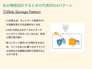 私が構築設計するときの代表的な4パターン
①Web Storage Pattern
• S3を使えば、ネットワーク負荷やデー
タ容量を気にする必要がなくなる
• S3は3カ所以上のデータセンターで
バックアップを行っているため、非常
に耐久性が高い
• 各コンテンツ毎のURLが発行されるた
め、ファイルをS3に置くだけでファイ
ル共有など広範囲な目的で活用するこ
とができる
 