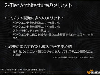 引用 - プログラマに贈るクラウドとの上手な付き合い方(http://
www.slideshare.net/keisuke69/how-to-usecloudforprogrammer) -
 