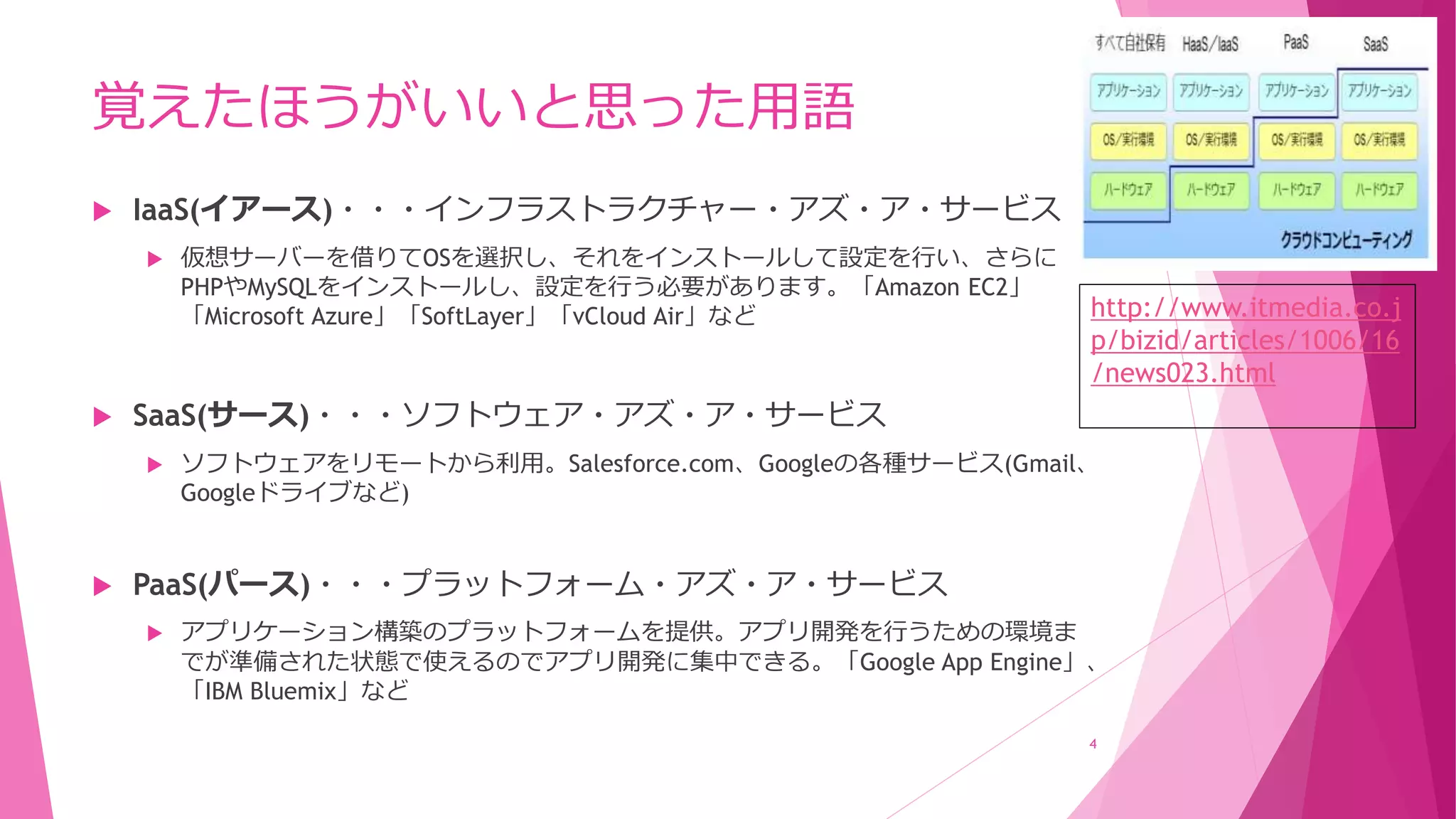 覚えたほうがいいと思った用語
 IaaS(イアース)・・・インフラストラクチャー・アズ・ア・サービス
 仮想サーバーを借りてOSを選択し、それをインストールして設定を行い、さらに
PHPやMySQLをインストールし、設定を行う必要があります。「Amazon EC2」
「Microsoft Azure」「SoftLayer」「vCloud Air」など
 SaaS(サース)・・・ソフトウェア・アズ・ア・サービス
 ソフトウェアをリモートから利用。Salesforce.com、Googleの各種サービス(Gmail、
Googleドライブなど)
 PaaS(パース)・・・プラットフォーム・アズ・ア・サービス
 アプリケーション構築のプラットフォームを提供。アプリ開発を行うための環境ま
でが準備された状態で使えるのでアプリ開発に集中できる。「Google App Engine」、
「IBM Bluemix」など
4
http://www.itmedia.co.j
p/bizid/articles/1006/16
/news023.html
 