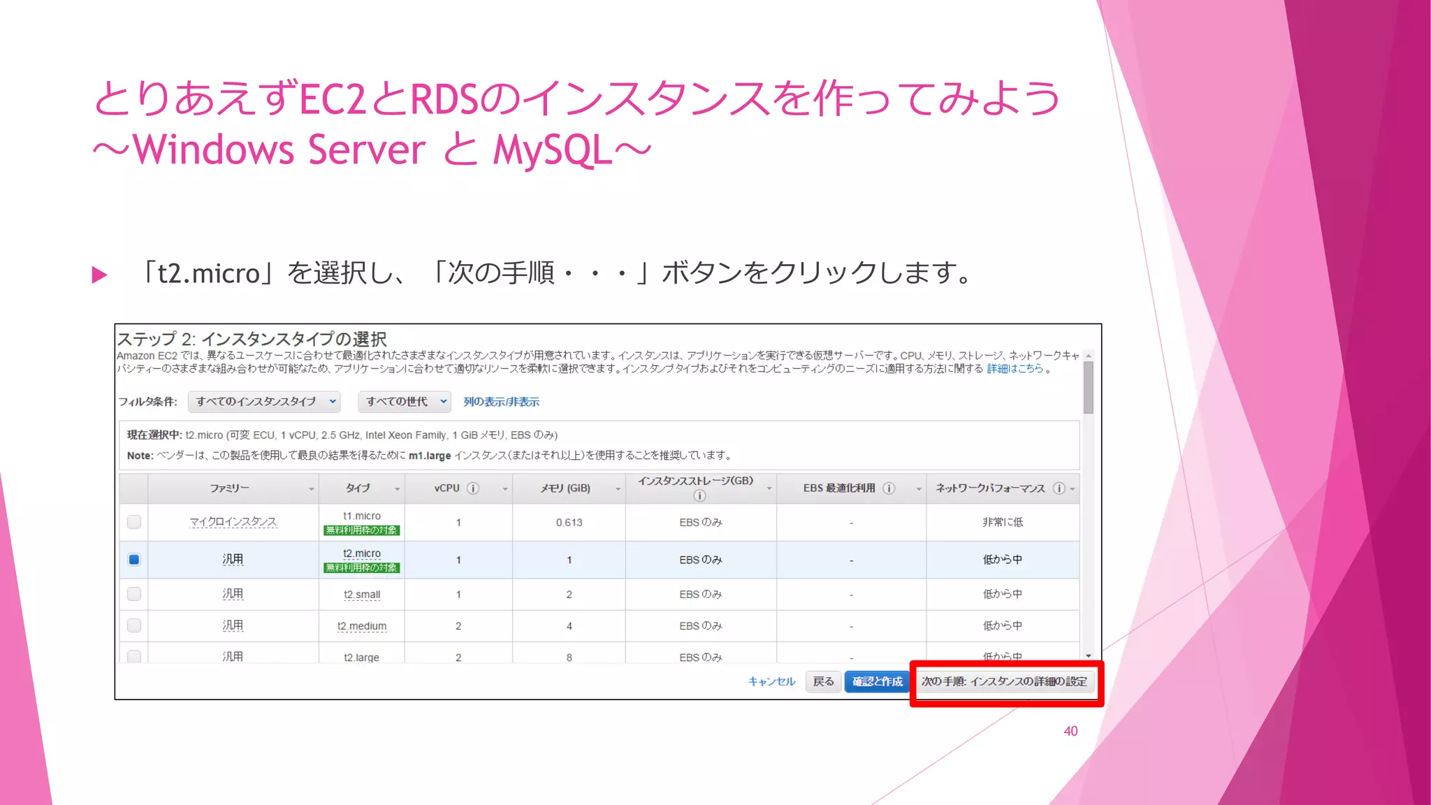 とりあえずEC2とRDSのインスタンスを作ってみよう
～Windows Server と MySQL～
 「t2.micro」を選択し、「次の手順・・・」ボタンをクリックします。
40
 