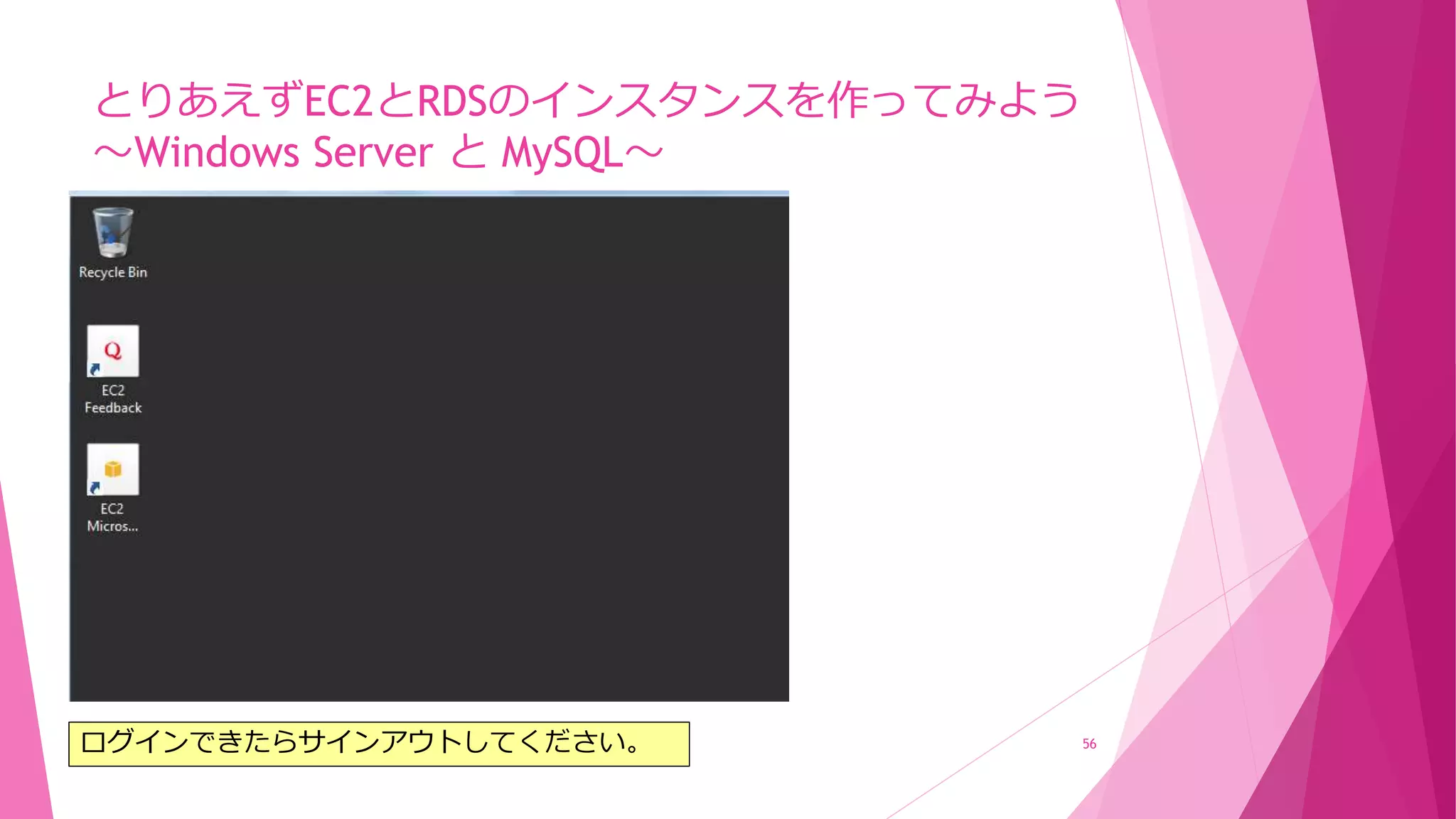 とりあえずEC2とRDSのインスタンスを作ってみよう
～Windows Server と MySQL～
56
作成中
ログインできたらサインアウトしてください。
 