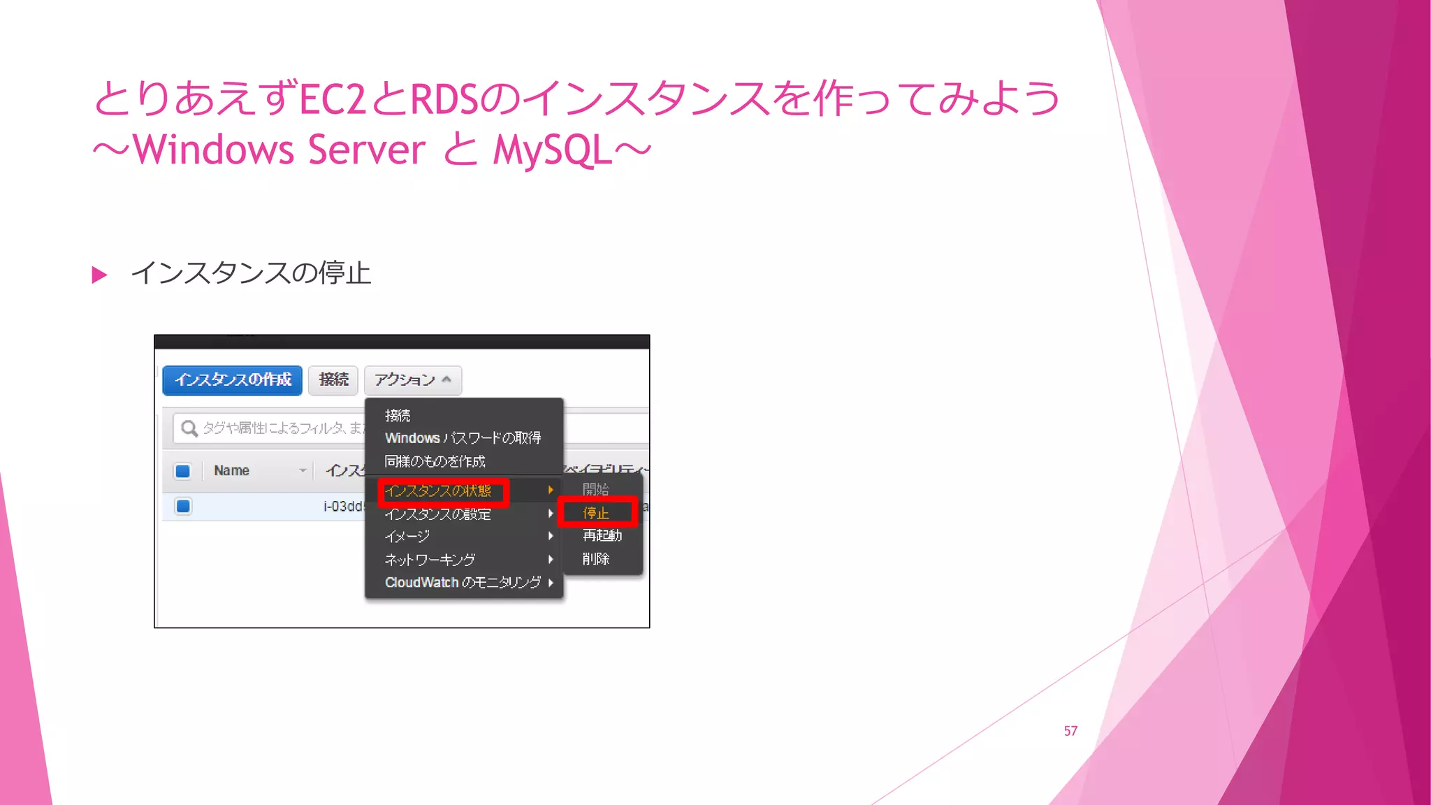 とりあえずEC2とRDSのインスタンスを作ってみよう
～Windows Server と MySQL～
 インスタンスの停止
57
 