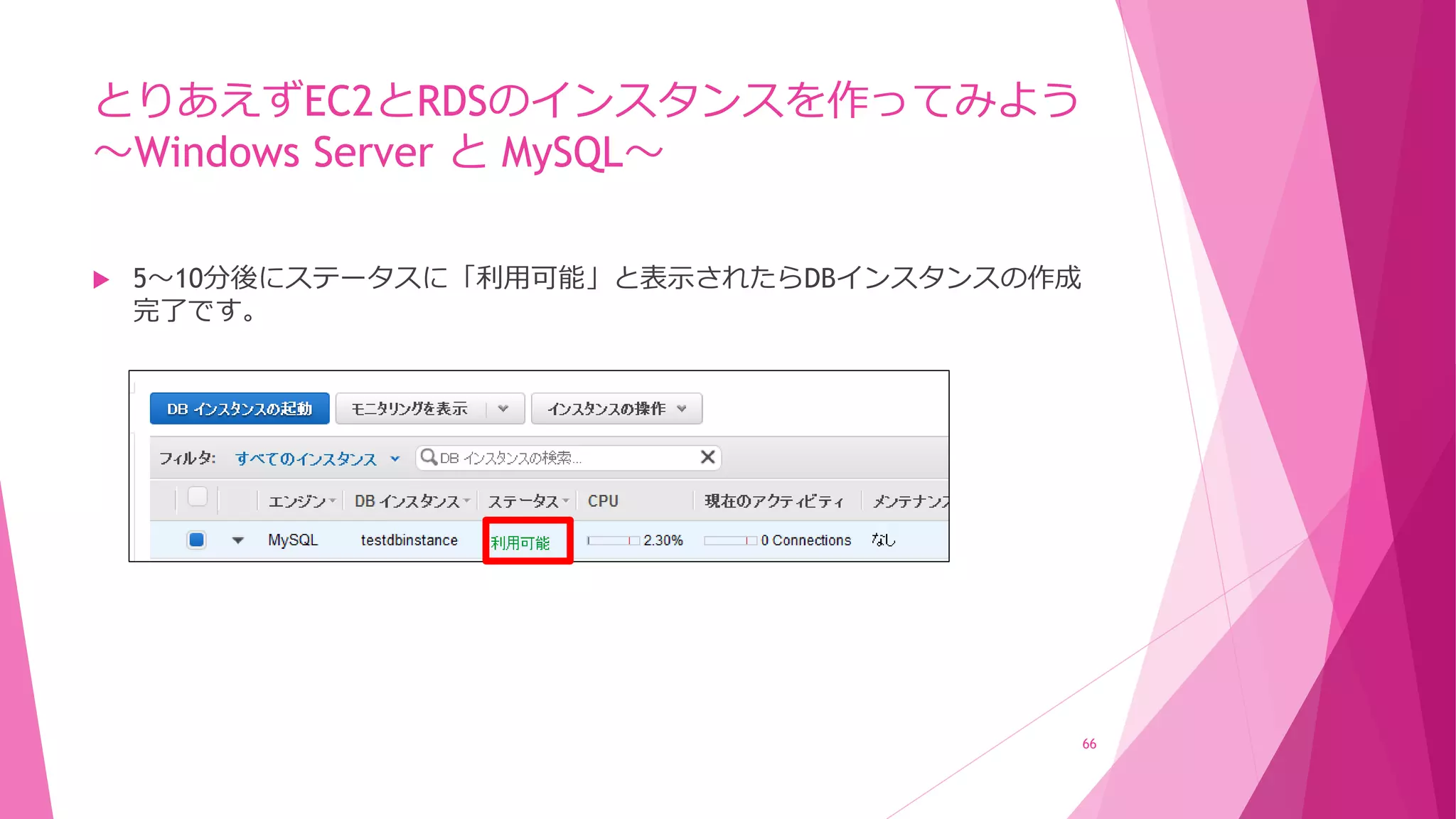 とりあえずEC2とRDSのインスタンスを作ってみよう
～Windows Server と MySQL～
 5～10分後にステータスに「利用可能」と表示されたらDBインスタンスの作成
完了です。
66
 