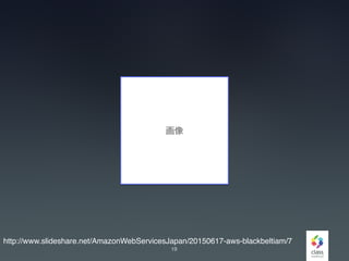 19
http://www.slideshare.net/AmazonWebServicesJapan/20150617-aws-blackbeltiam/7
画像
 