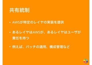 共有統制
• AWSが特定のレイヤの実装を提供
• あるレイヤはAWSが、あるレイヤはユーザが
責任を持つ
• 例えば、パッチの適用、構成管理など
 