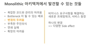 Monolithic 아키텍처에서 발견할 수 있는 것들
• 복잡한 코드와 관리의 어려움
• Bottleneck 이 될 수 있는 배포
• 변경의 두려움
• 부족한 주인의식
• 연쇄 실패
• 확장의 어려움
비지니스 요구사항을 해결하는
새로운 프레임워크, 서비스 등장
하나의 변경
=> 다양한 Side effect
 