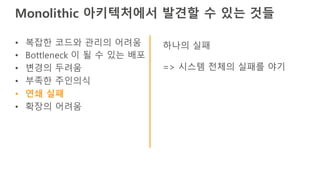 Monolithic 아키텍처에서 발견할 수 있는 것들
• 복잡한 코드와 관리의 어려움
• Bottleneck 이 될 수 있는 배포
• 변경의 두려움
• 부족한 주인의식
• 연쇄 실패
• 확장의 어려움
하나의 실패
=> 시스템 전체의 실패를 야기
 