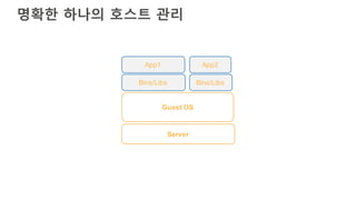 Server
Guest OS
Bins/Libs Bins/Libs
App2App1
명확한 하나의 호스트 관리
 
