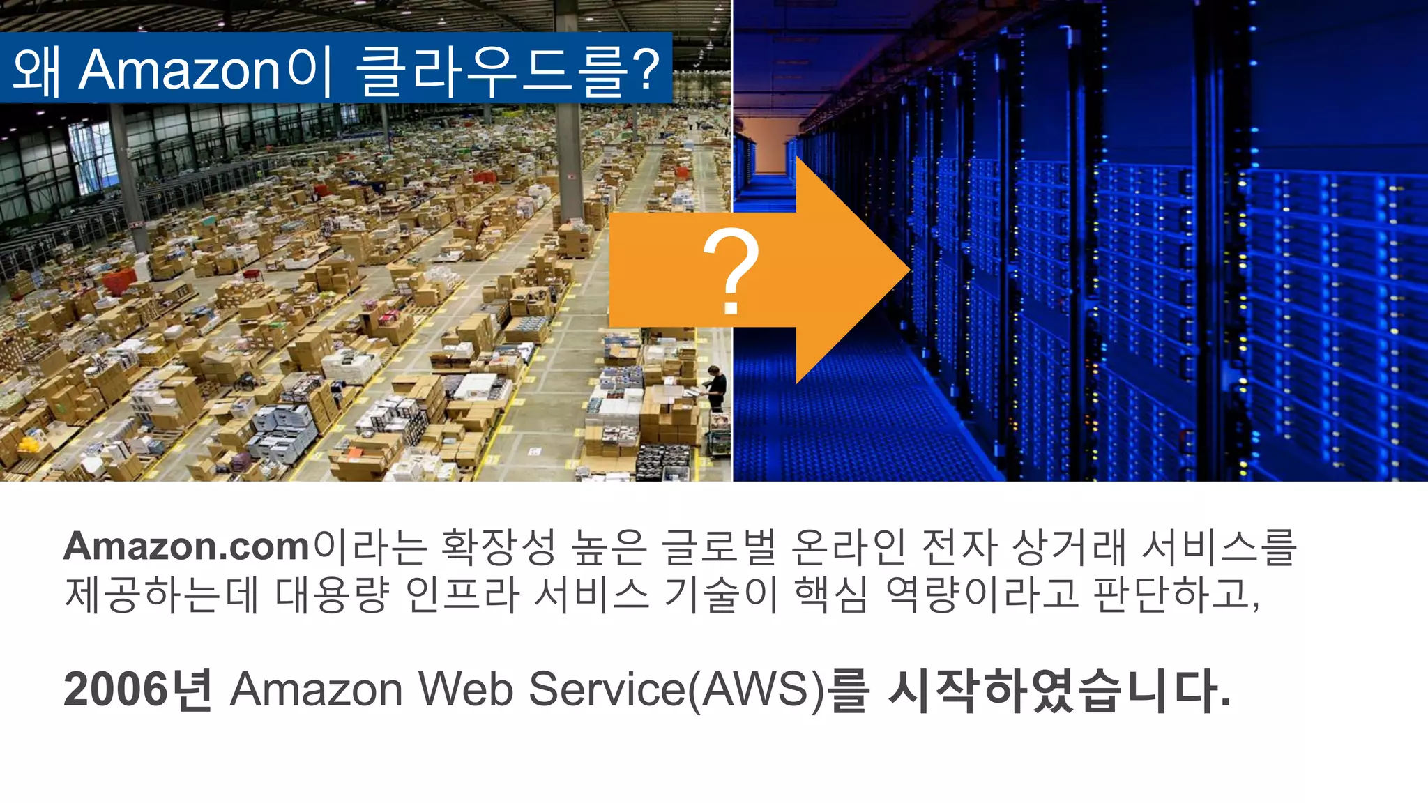 ?
왜 Amazon이 클라우드를?
Amazon.com이라는 확장성 높은 글로벌 온라인 전자 상거래 서비스를
제공하는데 대용량 인프라 서비스 기술이 핵심 역량이라고 판단하고,
2006년 Amazon Web Service(AWS)를 시작하였습니다.
 