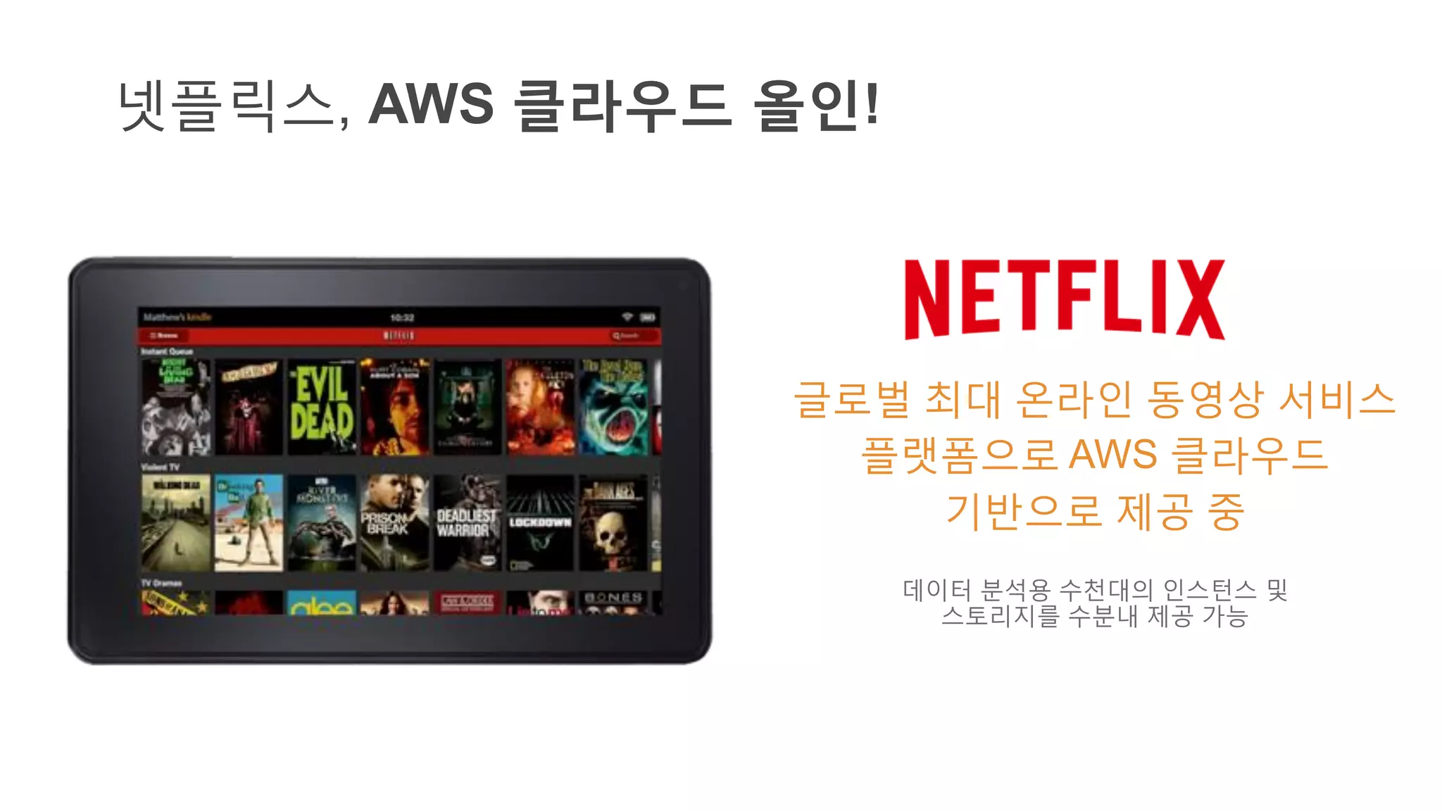 넷플릭스, AWS 클라우드 올인!
글로벌 최대 온라인 동영상 서비스
플랫폼으로 AWS 클라우드
기반으로 제공 중
데이터 분석용 수천대의 인스턴스 및
스토리지를 수분내 제공 가능
 