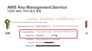 AWS Key Management Service
다양한 AWS 서비스들과 통합
IAM S3 RedShift GlacierEBS RDS
 
