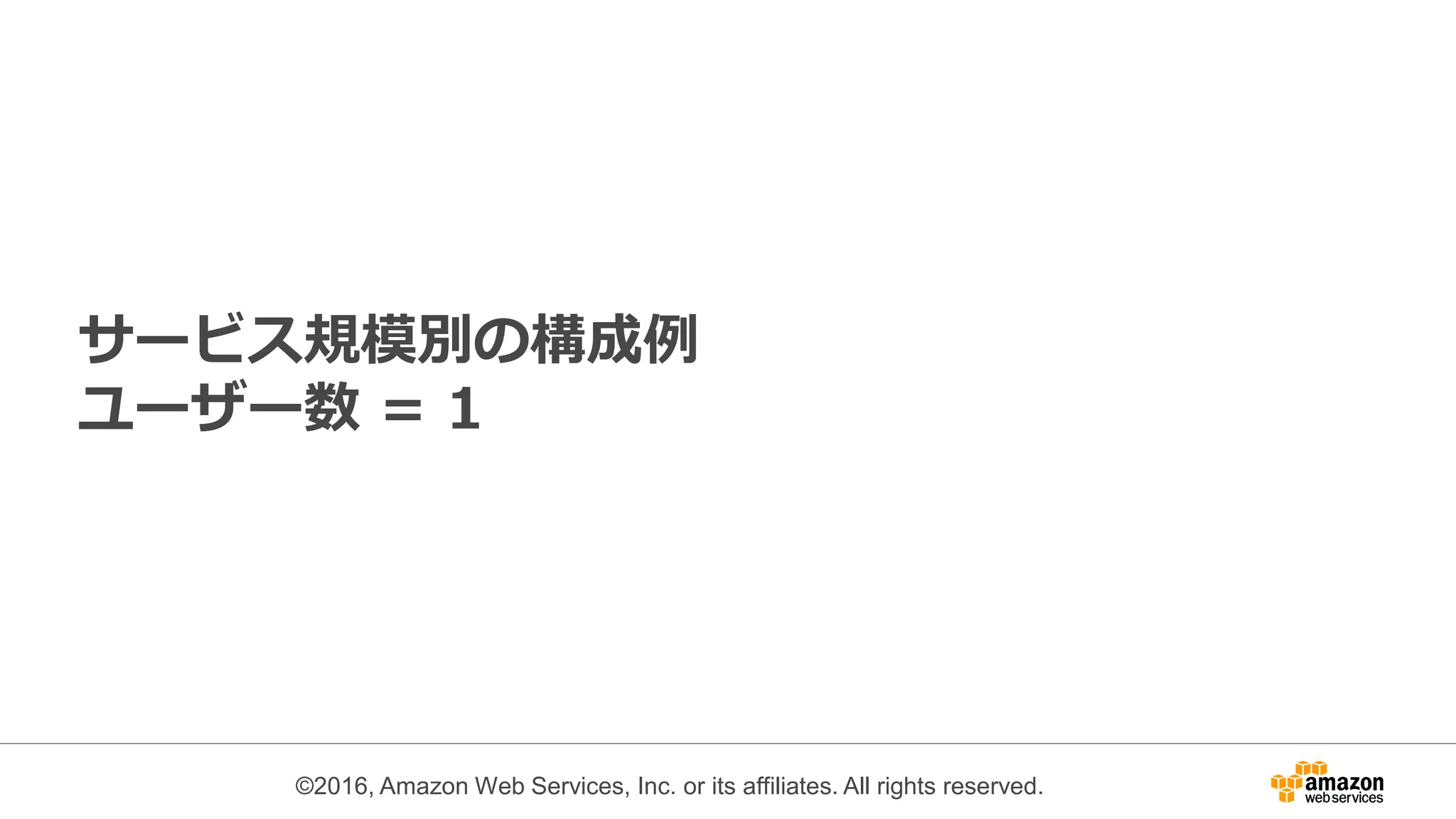 ©2016, Amazon Web Services, Inc. or its affiliates. All rights reserved.
サービス規模別の構成例
ユーザー数 = 1
 