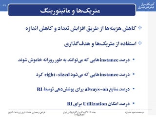 ۲‫جلسه‬۲۲۳‫۲ گروه۲ کاربران۲ گنو/لینوکس۲ تهران‬
۱۳۹۵/۴/۲۴
‫سیدمحمدمسعود۲ صدرنژاد‬‫طراحی۲ و۲ معماری۲ خدمات۲ ابری۲ زیرساخت۲ آمازون‬
27
‫مانیتورینگ‬ ‫و‬ ‫ها‬‫متریک‬
‫اندازه‬ ‫کاهش‬ ‫و‬ ‫تعداد‬ ‫افزایش‬ ‫طریق‬ ‫از‬ ‫ها‬‫هزینه‬ ‫کاهش‬
‫گذاری‬‫هدف‬ ‫و‬ ‫ها‬‫متریک‬ ‫از‬ ‫استفاده‬
‫درصد‬instance‫شوند‬ ‫خاموش‬ ‫روزانه‬ ‫طور‬ ‫به‬ ‫توانند‬‫می‬ ‫که‬ ‫هایی‬
‫درصد‬instance‫شود‬‫می‬ ‫که‬ ‫هایی‬right-sized‫کرد‬
‫منابع‬ ‫درصد‬always-on‫توسط‬ ‫دهی‬‫پوشش‬ ‫برای‬RI
‫امکان‬ ‫درصد‬Utilization‫برای‬RI
 