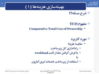 ۲‫جلسه‬۲۲۳‫۲ گروه۲ کاربران۲ گنو/لینوکس۲ تهران‬
۱۳۹۵/۴/۲۴
‫سیدمحمدمسعود۲ صدرنژاد‬‫طراحی۲ و۲ معماری۲ خدمات۲ ابری۲ زیرساخت۲ آمازون‬
3
) ‫ها‬‫هزینه‬ ‫سازی‬‫بهینه‬۱(
!‫مسئله؟‬ ‫شرح‬
‫مفهوم‬TCO
Comparative Total Cost of Ownership
‫کاربرد‬‫مورد‬
‫هزینه‬ ‫مقایسه‬
•‫زیرساخت‬ ‫کل‬ ‫اندازی‬‫راه‬
•‫ثابت‬ ‫مقدار‬ ‫گرفتن‬ ‫فرض‬ ‫یا‬workload
‫با‬
•‫آمازون‬ ‫ابری‬ ‫خدمات‬ ‫زیرساخت‬ ‫از‬ ‫استفاده‬
 