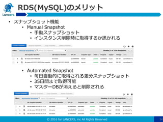 © 2016 for LANCERS, inc All Rights Reserved 34
RDS(MySQL)のメリット
• スナップショット機能
• Manual Snapshot
• 手動スナップショット
• インスタンス削除時に取得するか訊かれる
• Automated Snapshot
• 毎日自動的に取得される差分スナップショット
• 35日間まで取得可能
• マスターDBが消えると削除される
 