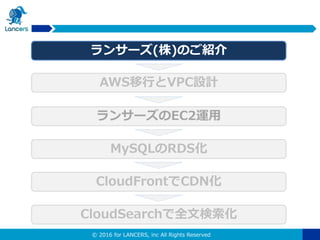 © 2016 for LANCERS, inc All Rights Reserved
ランサーズ(株)のご紹介
ランサーズのEC2運用
MySQLのRDS化
CloudFrontでCDN化
CloudSearchで全文検索化
AWS移行とVPC設計
 