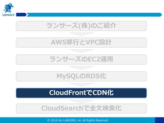 © 2016 for LANCERS, inc All Rights Reserved
CloudFrontでCDN化
ランサーズのEC2運用
MySQLのRDS化
CloudSearchで全文検索化
AWS移行とVPC設計
ランサーズ(株)のご紹介
 