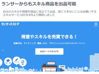ランサーからもスキル商品を出品可能
自分のスキルや得意を商品に見立てて出品、逆にできないことはお願いする
スキルサービスECを4月より開始しました
 