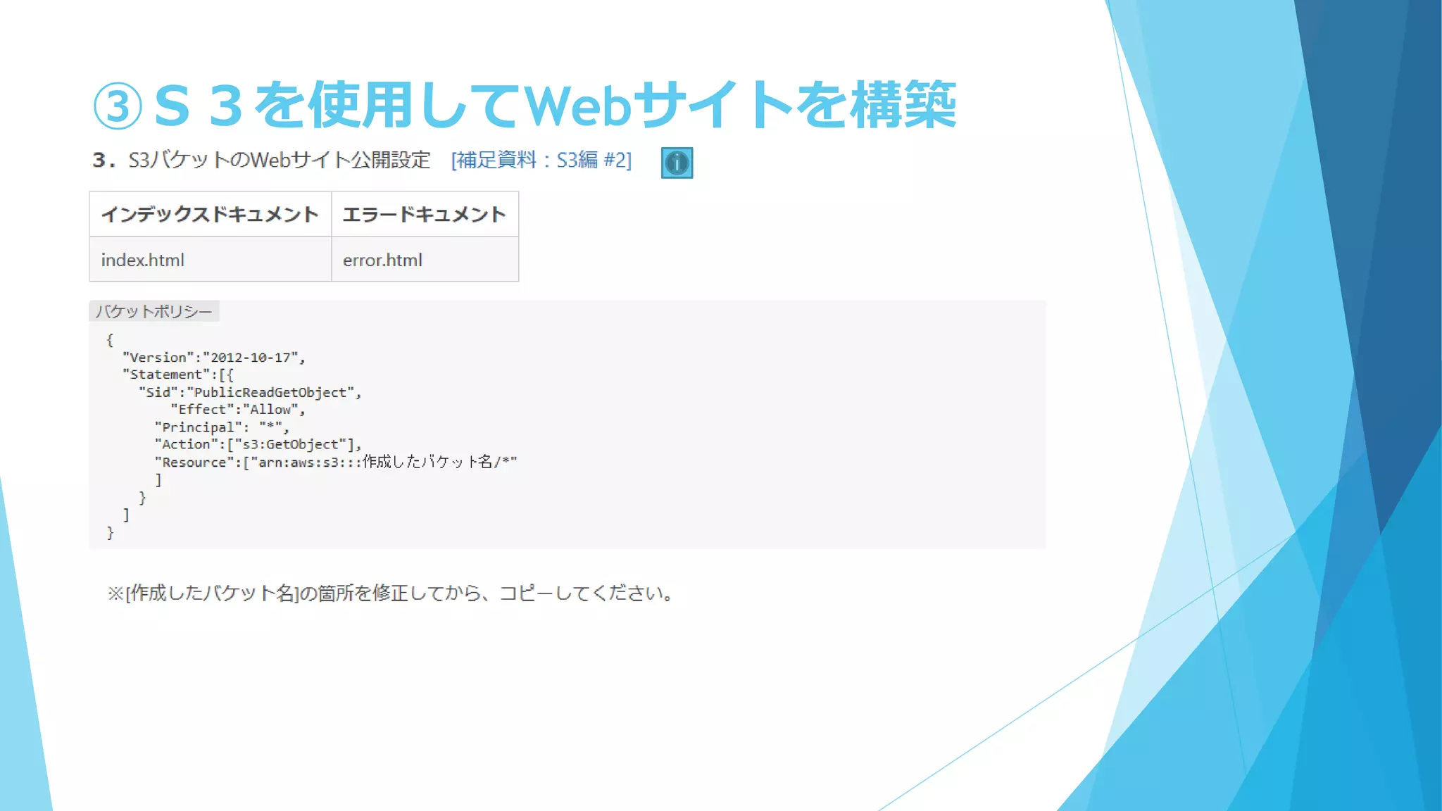 ③Ｓ３を使用してWebサイトを構築
 