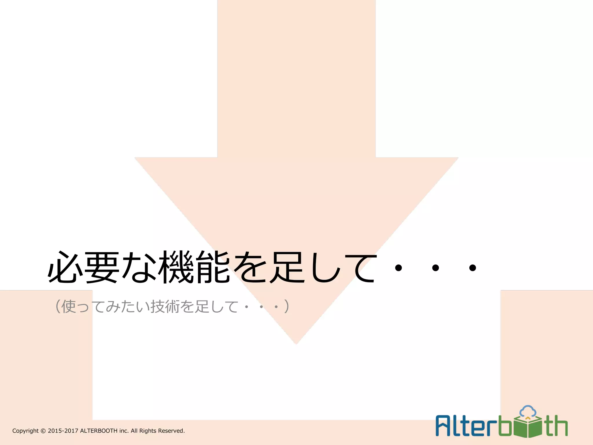 Copyright © 2015-2017 ALTERBOOTH inc. All Rights Reserved.
必要な機能を⾜して・・・
（使ってみたい技術を⾜して・・・）
 