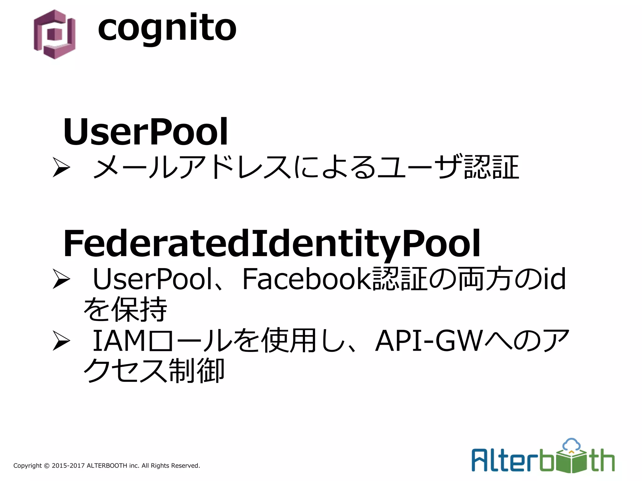 Copyright © 2015-2017 ALTERBOOTH inc. All Rights Reserved.
cognito
UserPool
Ø メールアドレスによるユーザ認証
FederatedIdentityPool
Ø UserPool、Facebook認証の両⽅のid
を保持
Ø IAMロールを使⽤し、API-GWへのア
クセス制御
 