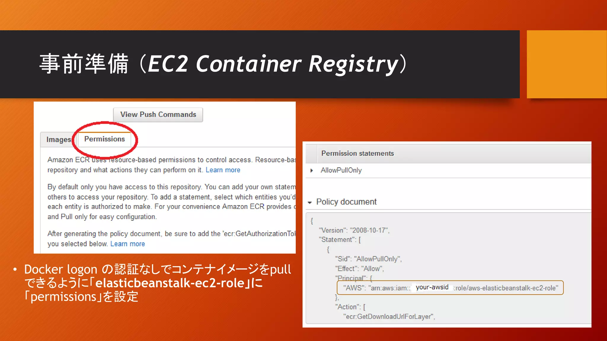 事前準備 （EC2 Container Registry）
• Docker logon の認証なしでコンテナイメージをpull
できるように「elasticbeanstalk-ec2-role」に
「permissions」を設定
 