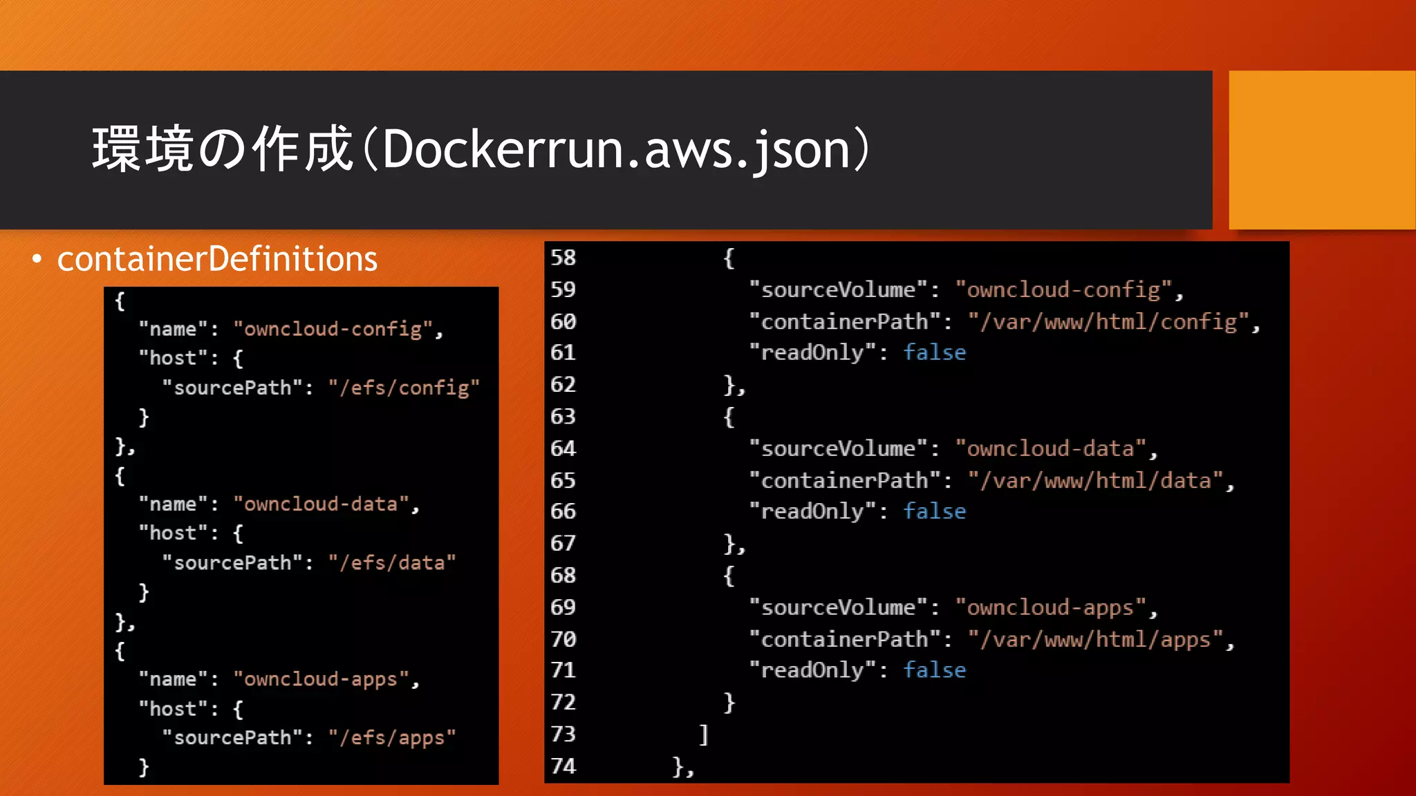 環境の作成（Dockerrun.aws.json）
• containerDefinitions
 