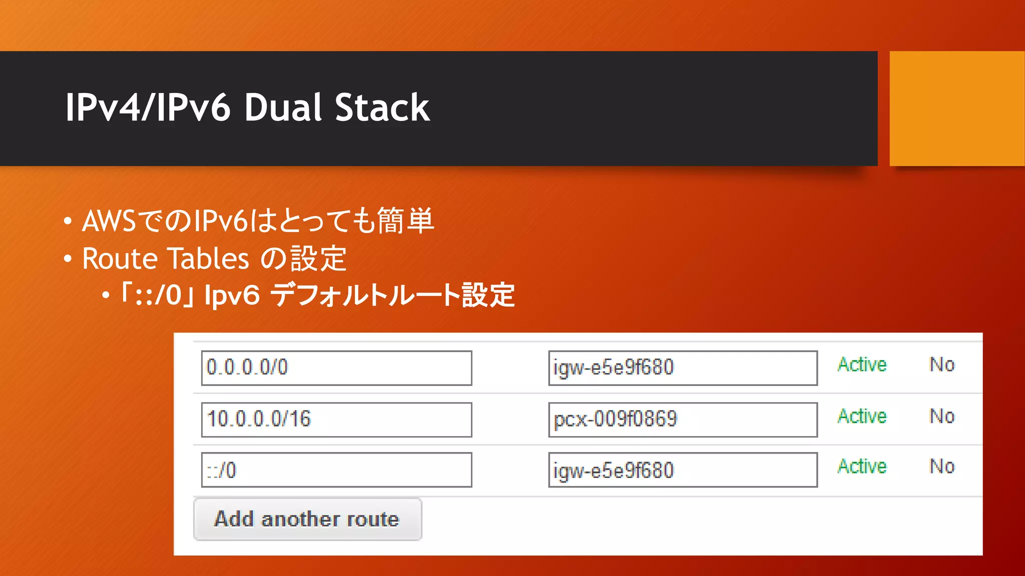 IPv4/IPv6 Dual Stack
• AWSでのIPv6はとっても簡単
• Route Tables の設定
• 「::/0」 Ipｖ６ デフォルトルート設定
 