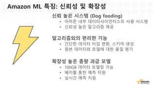 • Amazon CloudFormation은 심층
신경망 학습 같이 중요한 컴퓨팅 작
업을 위해 다수의 EC2 인스턴스를
쉽게 확장할 수 있는 템플릿 역할
• Deep Learning AMI를 사용하여 P2
또는 G2 인스턴스로 구성된 스케일
아웃 방식의 탄력적 클러스터를 스
핀업
분산 딥 러닝 환경 구성 CloudFormation
 