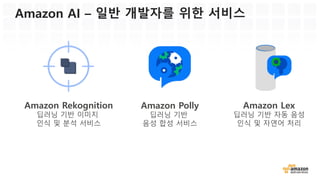 Amazon ML 특징: 신뢰성 및 확장성
신뢰 높은 시스템 (Dog fooding)
• 아마존 내부 데이터사이언티스트 사용 시스템
• 신뢰성 높은 알고리즘 제공
알고리즘외의 편리한 기능
• 간단한 데이터 타입 변환, 스키마 생성
• 원본 데이터와 모델에 대한 품질 평가
확장성 높은 종량 과금 모델
• 100GB 데이터 모델링 가능
• 배치를 통한 예측 지원
• 실시간 예측 지원
 