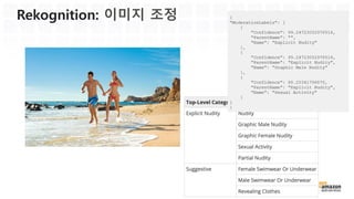 대용량 이미지를 통한 딥러닝 트레이닝을 통한 이미지 인식, 검색 서비스
Amazon Rekognition – JavaScript SDK 예
• detectFaces(params = {}, callback(err, data))
• detectLabels(params = {}, callback(err, data))
• recognizeCelebrities(params = {}, callback(err, data))
• compareFaces(params = {}, callback(err, data))
• indexFaces(params = {}, callback(err, data))
• searchFacesByImage(params = {}, callback(err, data))
• detectModerationLabels(params = {}, callback(err, data))
• 안면 분석
• 이미지 조정
• 얼굴 유사성 비교 분석
• 안면 인식 및 검색
• 유명 인사 인식
• 객체 및 장면 탐지
 