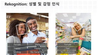 data  =  {  
FaceDetails:  [  
{  
BoundingBox:  {  
Height:  0.18000000715255737,  
Left:  0.5555555820465088,  
Top:  0.33666667342185974,  
Width:  0.23999999463558197  
},  
Confidence:  100,  
Landmarks:  [  
{  
Type:  EYE_LEFT,  
X:  0.6394737362861633,  
Y:  0.40819624066352844  
},  
{  
Type:  EYE_RIGHT,  
X:  0.7266660928726196,  
Y:  0.41039225459098816  
},  
{  
Type:  NOSE_LEFT,  
X:  0.6912462115287781,  
Y:  0.44240960478782654  
},  
{  
Type:  NOSE_LEFT,  
X:  0.6912462115287781,  
Y:  0.44240960478782654  
},  
{  
Type:  MOUTH_DOWN,  
X:  0.6306198239326477,  
Y:  0.46700039505958557  
},  
{  
Type:  MOUTH_UP,  
X:  0.7215608954429626,  
Y:  0.47114261984825134  
}    
],  
Pose:  {  
Pitch:  4.050806522369385,  
Roll:  0.9950747489929199,  
Yaw:  13.693790435791016  
},  
Quality:  {  
Brightness:  37.60169982910156,  
Sharpness:  80  
}  
}  
],  
OrientationCorrection:  ROTATE_0  
}
예: detectFaces 안면 분석
 