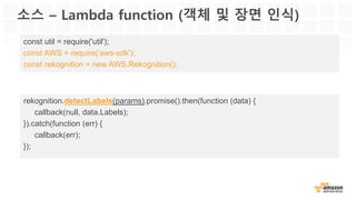 Rekognition: 유명 인사 인식
{  
CelebrityFaces:  [  
{  
Face:  {  
BoundingBox:  {  
Height:  
0.38555556535720825,  
Left:  0.24666666984558105,  
Top:  0.15888889133930206,  
Width:  0.57833331823349  
},  
Confidence:  
99.98231506347656,  
Landmarks:  [  
{  
Type:  eyeLeft,  
X:  0.4664250314235687,  
Y:  0.30321359634399414  
},  
...SNIP...
...SNIP...
Id:  vP522,  
MatchConfidence:  99,  
Name:  Kim  Hye-­soo,  
Urls:  [  
www.imdb.com/name/nm0453476  
]  
}  
],  
UnrecognizedFaces:  []  
}
 