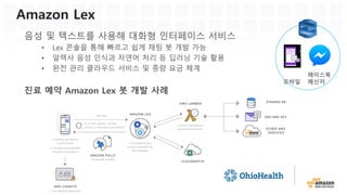 Polly
자연스러운 음성 서비스
사람이 읽는 것과 거의 동일한 수준의 서비스 제공
정확한 텍스트 프로세싱
약어, 숫자, 동형이의어등에 대해 일반적인 음성으로 변환해서 발음
Today in Las Vegas, NV it's 90°F.
We live for the music, live from the Madison Square Garden.
높은 지적 능력
복잡한 문장에 대해 적절한 음성 서비스 제공
”Peter Piper picked a peck of pickled peppers.”
 