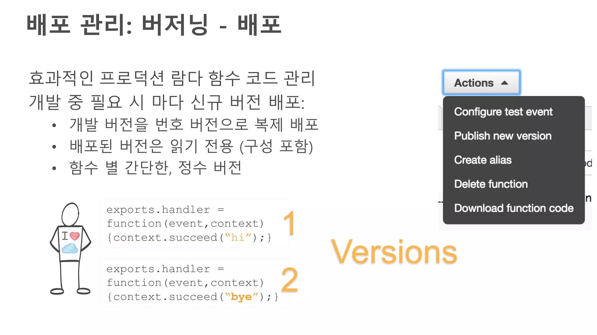 배포 관리: 버저닝 - 배포
효과적인 프로덕션 람다 함수 코드 관리
개발 중 필요 시 마다 신규 버전 배포:
• 개발 버전을 번호 버전으로 복제 배포
• 배포된 버전은 읽기 전용 (구성 포함)
• 함수 별 간단한, 정수 버전
exports.handler =
function(event,context)
{context.succeed(“bye”);}
exports.handler =
function(event,context)
{context.succeed(“hi”);}
1
2
Versions
 