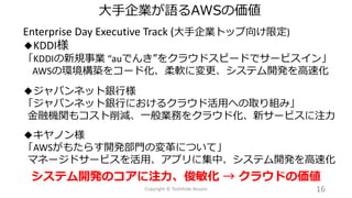 大手企業が語るAWSの価値
Enterprise Day Executive Track (大手企業トップ向け限定)
◆KDDI様
「KDDIの新規事業 “auでんき”をクラウドスピードでサービスイン」
AWSの環境構築をコード化、柔軟に変更、システム開発を高速化
◆ジャパンネット銀行様
「ジャパンネット銀行におけるクラウド活用への取り組み」
金融機関もコスト削減、一般業務をクラウド化、新サービスに注力
◆キヤノン様
「AWSがもたらす開発部門の変革について」
マネージドサービスを活用、アプリに集中、システム開発を高速化
16
システム開発のコアに注力、俊敏化 → クラウドの価値
Copyright © Toshihide Atsumi
 