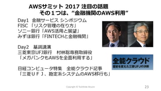 Copyright © Toshihide Atsumi 23
AWSサミット 2017 注目の話題
その１つは、“金融機関のAWS利用”
 