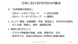 日本におけるFINTECHの動き
➢ 「決済業務の高度化」
・2014～ スタディグループ ⇒ 状況の認識
・2015～ ワーキンググループ ⇒ 課題化
➢ メンバー構成：金融機関、学者、監査法人、FINTECH企業も
・広く公開、傍聴人、資料・議事録公開
➢ 真剣に語られたこと
・クラウド事業者の脅威、技術、開発手法、文化
・欧米中では、各国の当局含めて世界的に推進の動き
32Copyright © Toshihide Atsumi
 