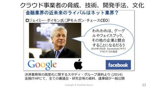 クラウド事業者の脅威、技術、開発手法、文化
33Copyright © Toshihide Atsumi
決済業務等の高度化に関するスタディ・グループ資料より (2014)
金融庁HPにて、全ての審議会・研究会等の資料、議事録が一般公開
 